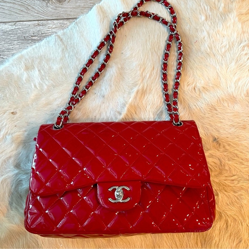 Authentic Chanel Jumpbo red quilted patent classic double flap bag